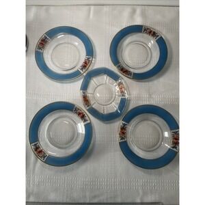 Vintage Blue Glass‎ Dessert Bowls Set Fruit Design Gold Trim 5 Pieces